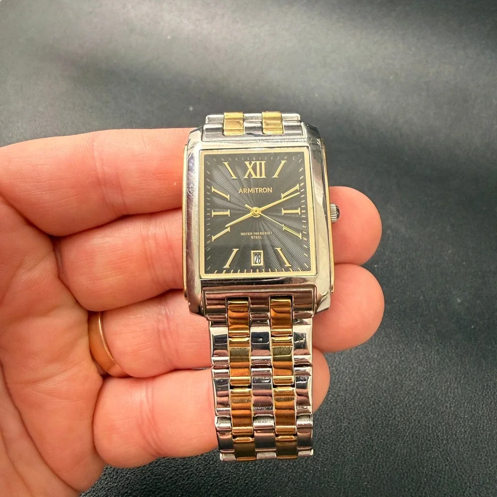 Armitron 20/5499TT Men's Date Black Dial Two Tone Bracelet Watch New Battery J